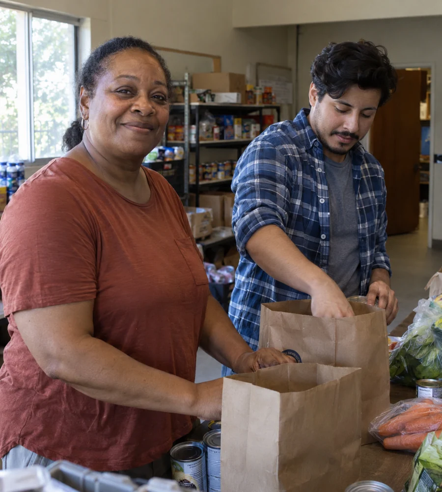 Two volunteers packing groceries at a neighborhood food pantry