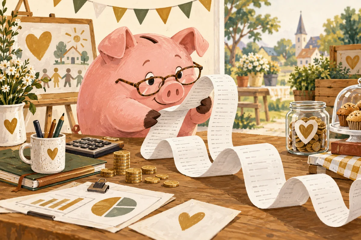 A friendly piggy bank wearing accountant glasses wrestles gently with a very long receipt on a cheerful community table, no people in distress.
